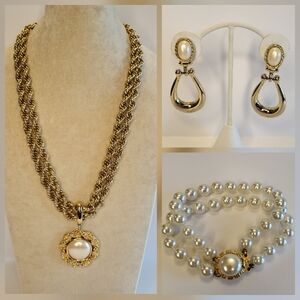 VTG 80s 90s 3 Piece Goldtone Faux Pearl Quality Jewelry Lot MONET Unsigned